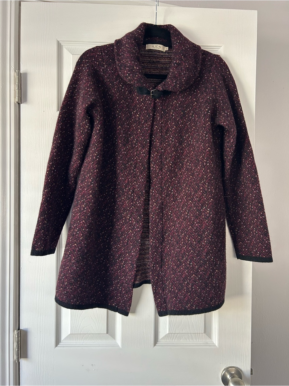 Textured Maroon Open-Front Wool Blend Sweater Coat Cardigan with Toggle Closure